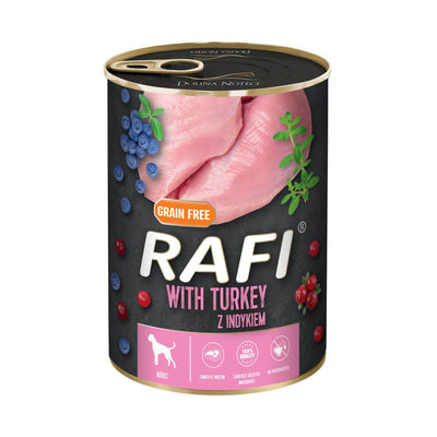 Rafi komplet vådfoder til voksne hunde af alle racer, med kalkun. 400g.