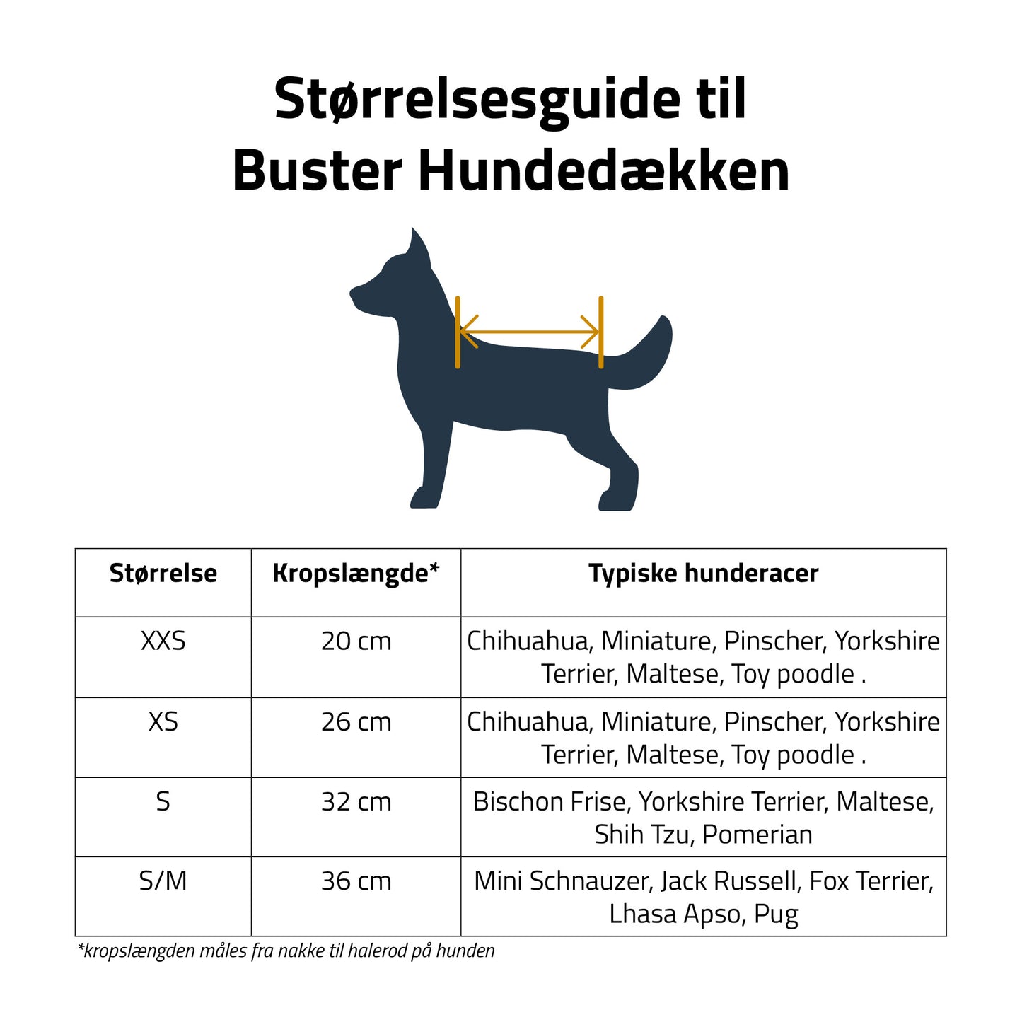 Buster hundedækken størrelsesguide